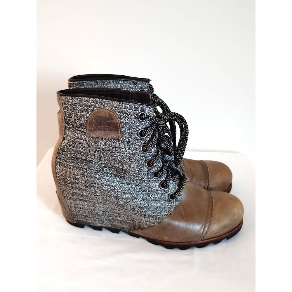 SOREL Lexi Wedge Women's 10.5 Brown Gray Leather Textile Lace Up Ankle Boots EUC